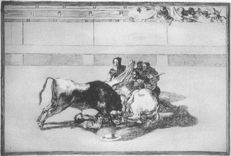 Caída de un picador de su caballo debajo del toro